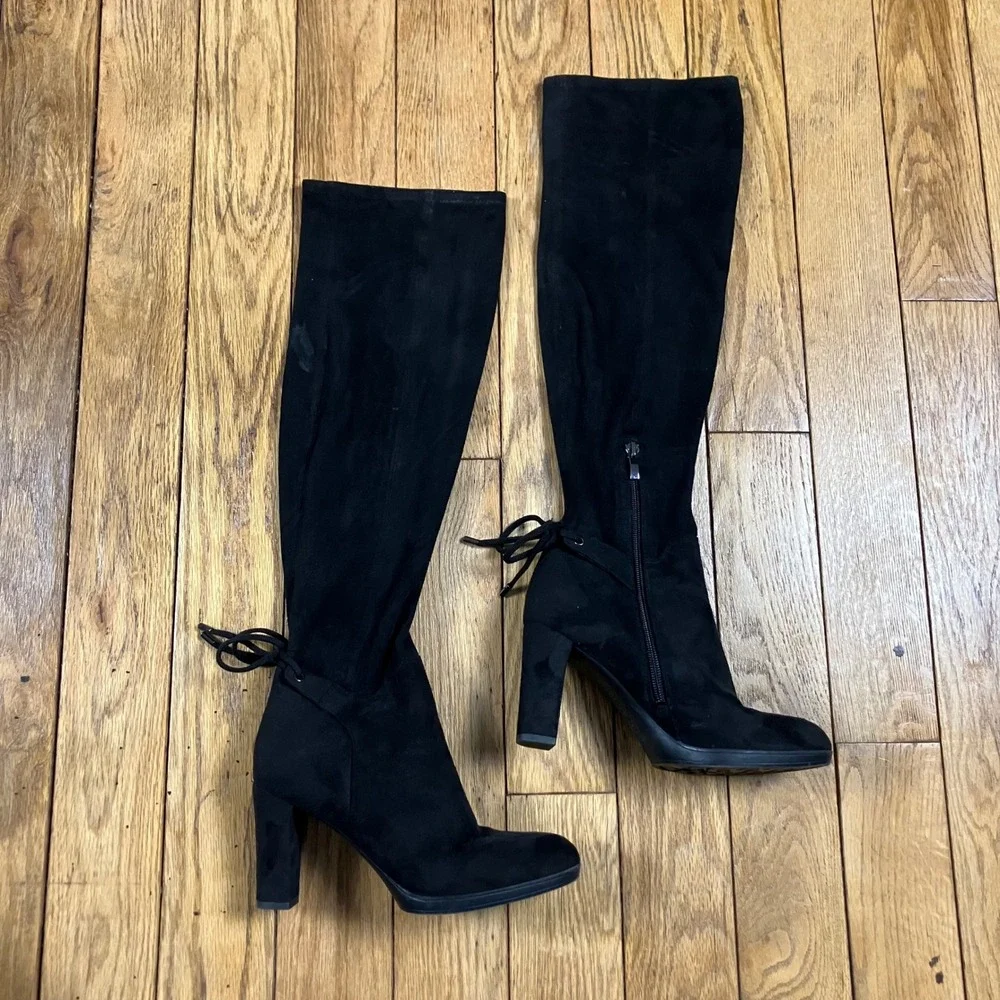 Franco Sarto‎ Ivorie Black Faux Suede Over The Knee Block Heel Boots Womens 6.5M